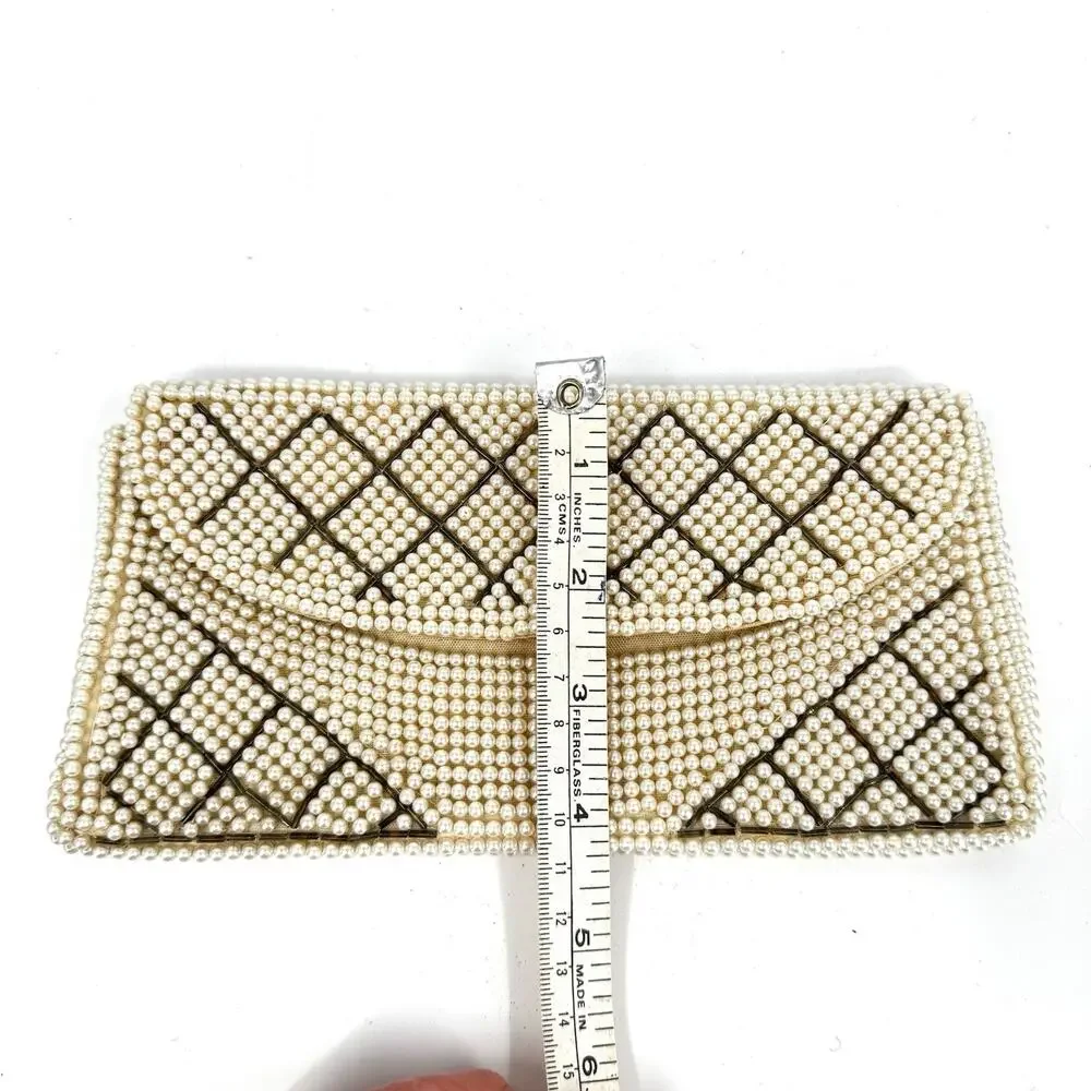 Antique White Faux Pearl Beaded Fold Over Clutch Handbag Geometric Deco
